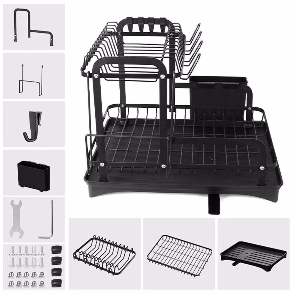 EONLION 2 Tier Black Metal Dish Drainer Rack with Cutlery Holder and Drip Tray – 2