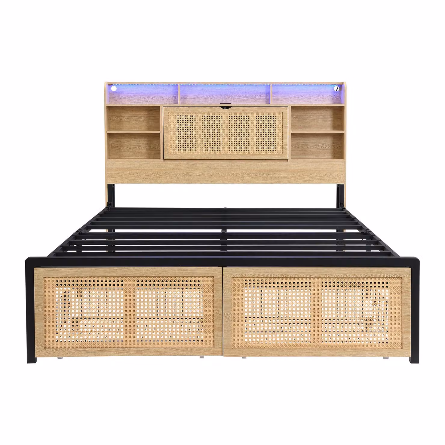 Aosom UK Wooden Double Storage Bed with LED Strip Light, USB Charging Port and Headboard Storage in Natural and Black, W/D/H: 137.5 x 208 x 104.5 cm – 2