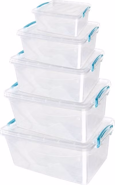 JVL Set of 5 Transparent Plastic Clip Lidded Storage Boxes, Stackable and BPA Free