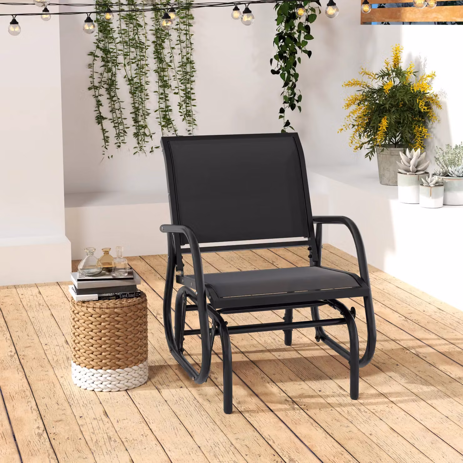 Gymax Black Metal Outdoor Swing Glider Rocking Chair – 8