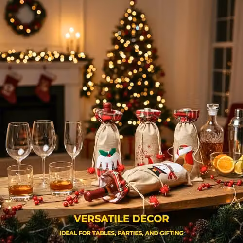 Shatchi Set of 4 Christmas Wine Bottle Covers in Brown Burlap Hessian Linen with Drawstring Closure for Festive Party Table Decorations – 4