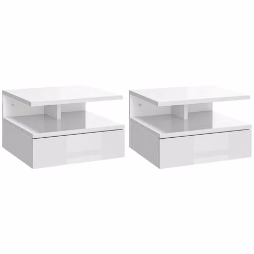 HOMCOM Set of 2 Wall Mounted Floating Bedside Tables in Glossy White