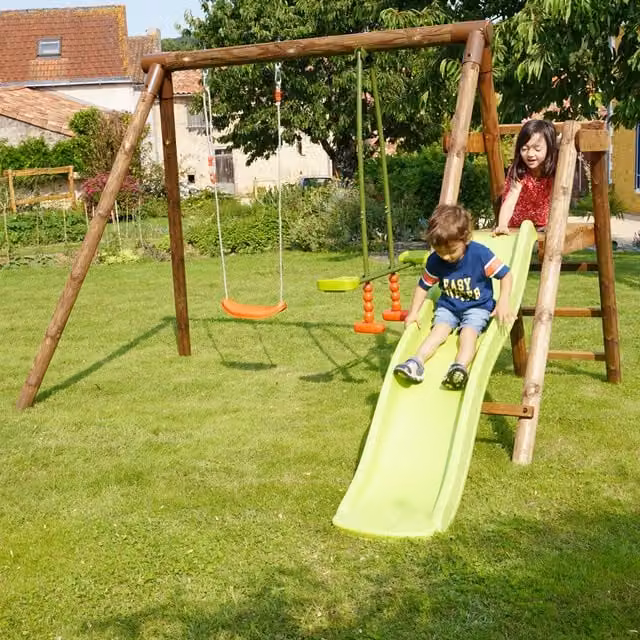 Soulet Menthe Double Wooden Swing Set with Slide in Brown