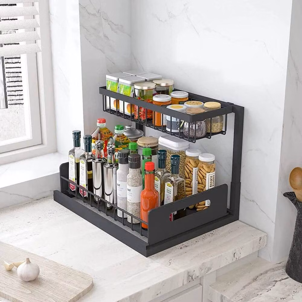 KORVIXA 2 Tier Metal Kitchen and Bathroom Storage Shelf in Black, W/D/H: 100 x 100 x 26.5 cm – 4