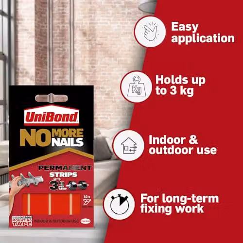 Unibond No More Nails Permanent White Double Sided Adhesive Strips, Pack of 10 – 4