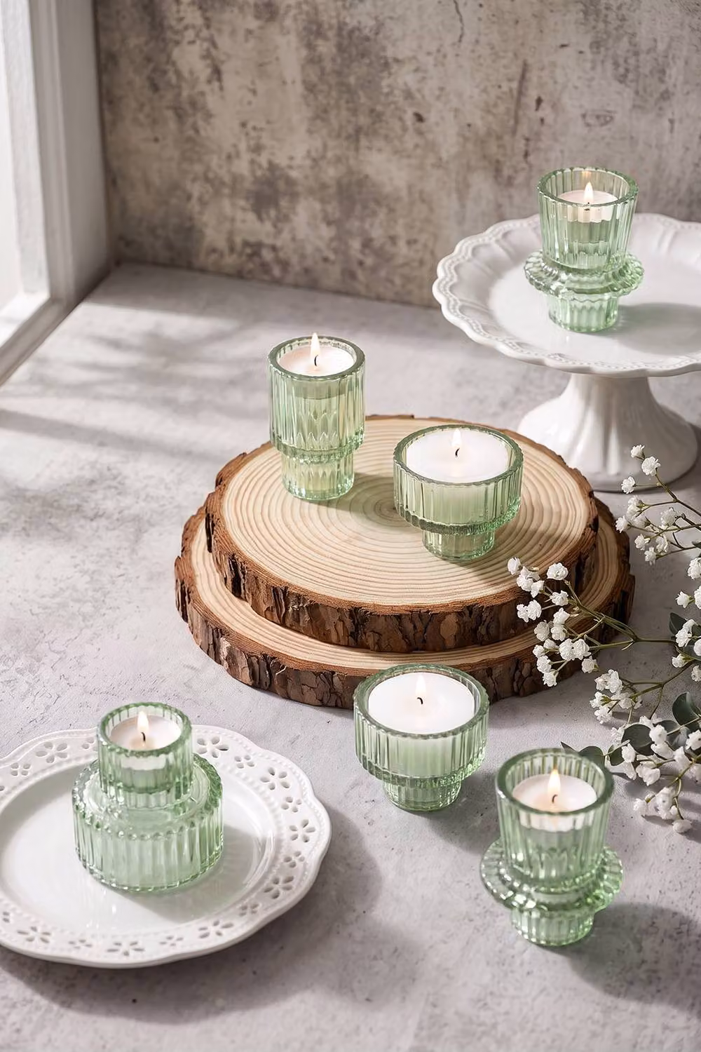 Living and Home Set of 6 Round Green Glass Candle Holders for Pillar, Taper and Tealight Candles – 2