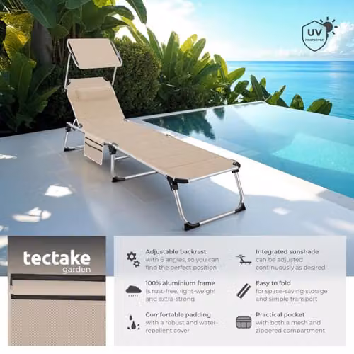 tectake Lorella Folding Sun Lounger with Padding in Beige – 2