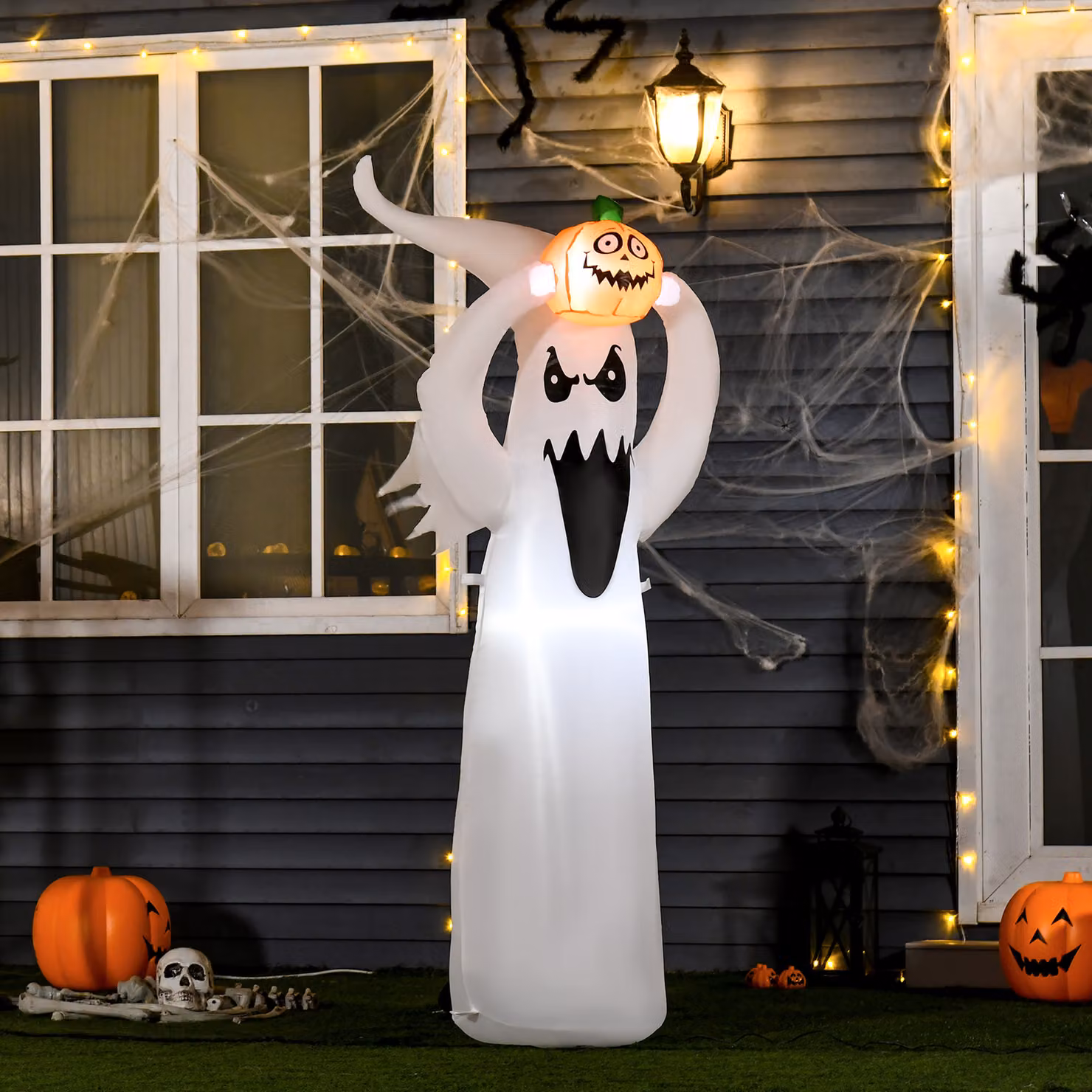 HOMCOM 1.8m LED Halloween Inflatable Floating Ghost and Pumpkin Decoration in White – 2