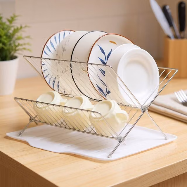 Lifeideas 2 Tier Foldable Metal Countertop Dish Drying Rack with Drip Tray, Silver