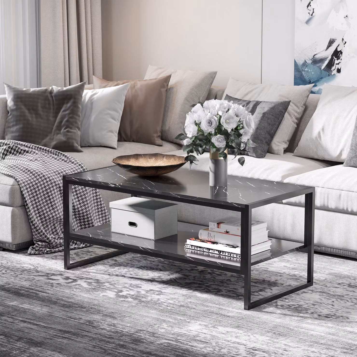 HOMCOM Elegant Two-Tier Coffee Table with Black Marble Print Laminate Top and Metal Frame – 2