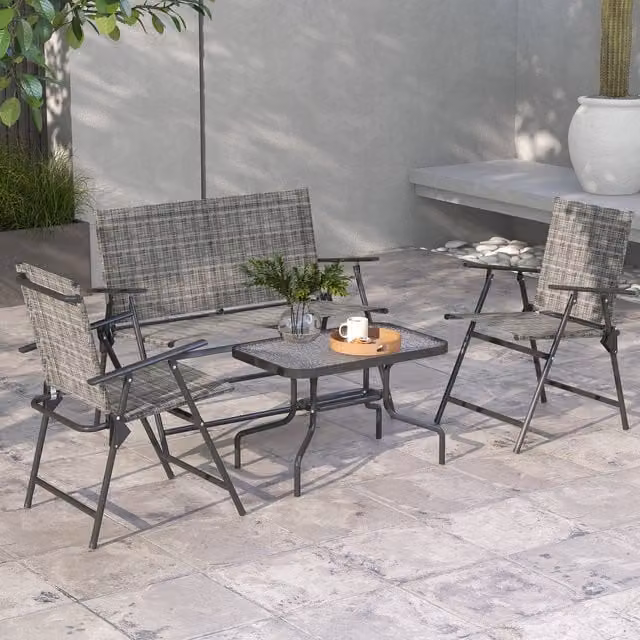 Outsunny Modern Patio Furniture Set with Glass Table, Loveseat and Foldable Chairs in Light Grey