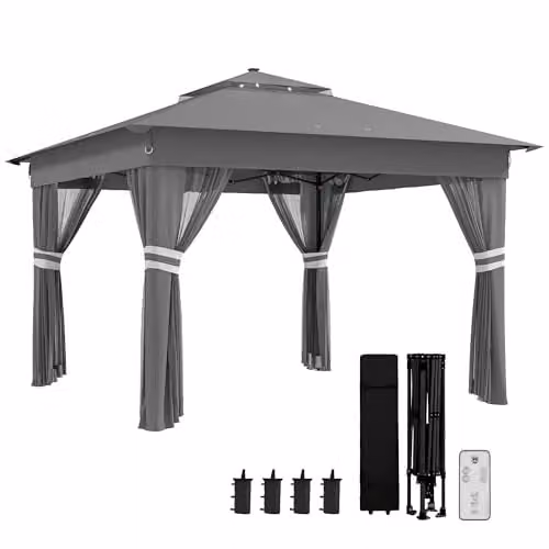 Outsunny Grey Pop Up Gazebo with Metal Frame, W: 336 cm, D: 336 cm, H: 270 cm – 1