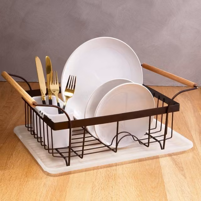 Orsina Vertex Bronze Powder Coated Steel Dish Drainer with Drip Tray, Cup Holder and Cutlery Holder in Brown and White – 1