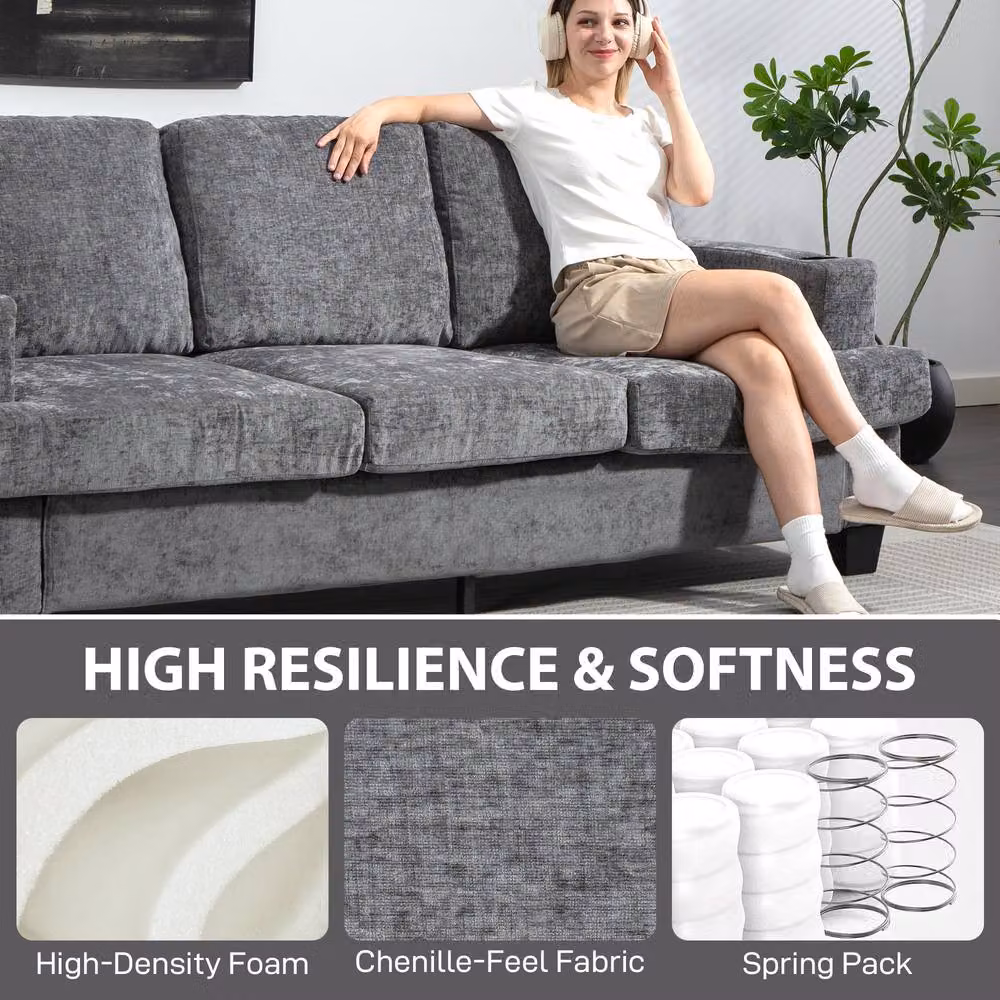 STILVORA 3 Seater Grey Fabric Sofa with USB Charging Ports and Cup Holders – 6