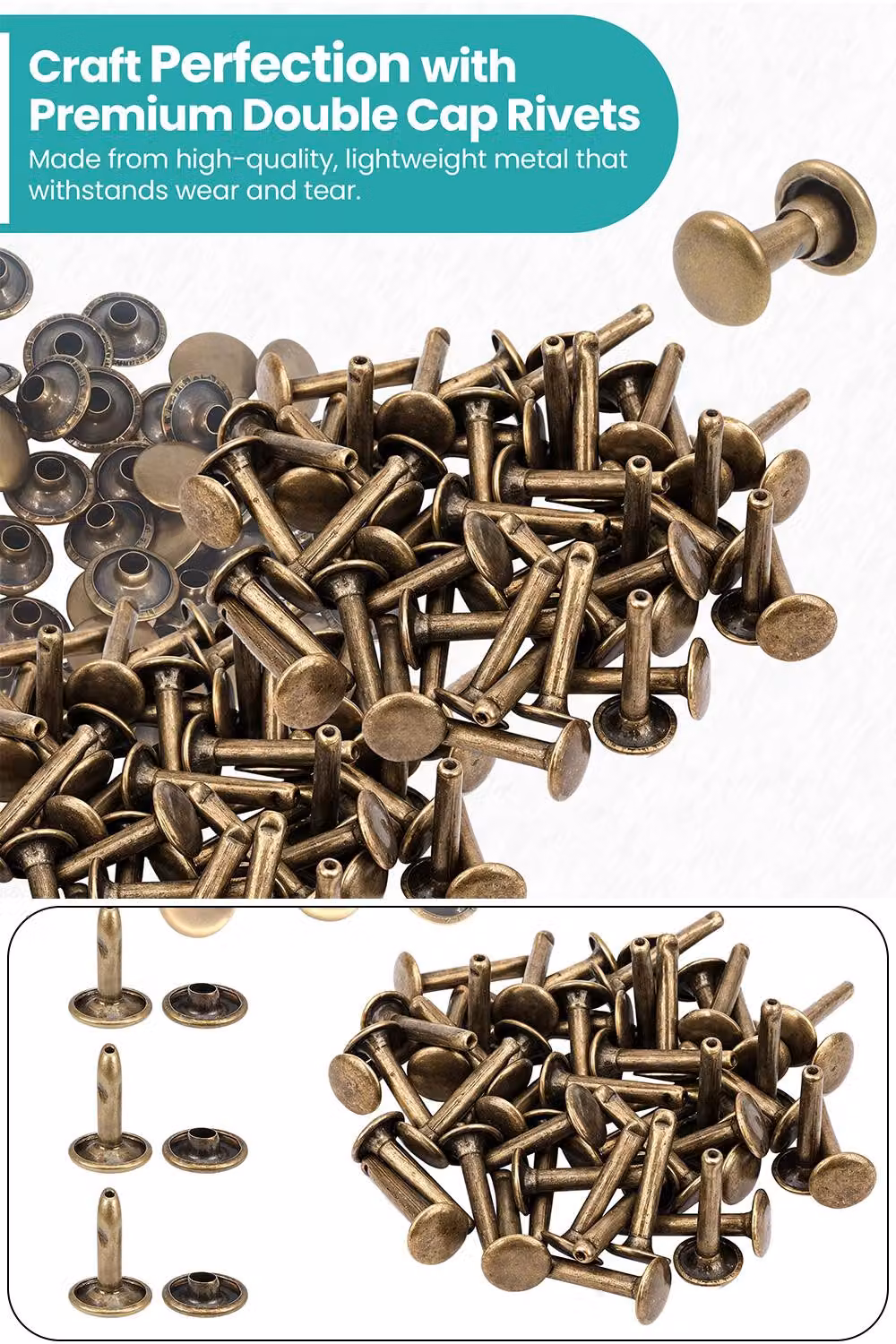 Neel Blue Extra Long Double Cap Studs, 50pcs Bronze Brass Tubular Rivets, W: 10 mm, D: 12 mm – 3