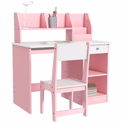 ZONEKIZ Kids Desk and Chair Set with Storage for Ages 6-10 Years in Pink or Grey