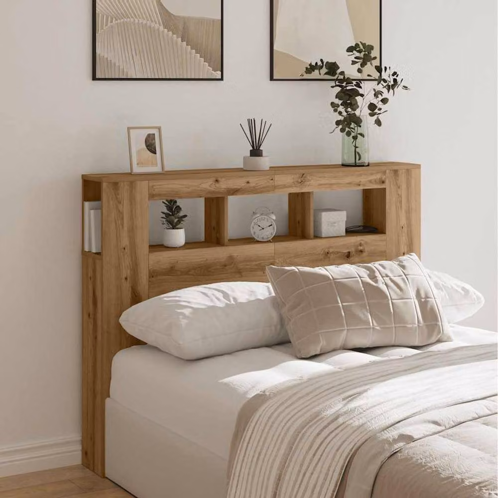 Berkfield Home Artisan Oak LED Headboard in Brown with Integrated Lighting, Shelf and USB Charging Port, W: 140 cm, D: 18.5 cm, H: 103.5 cm – 2