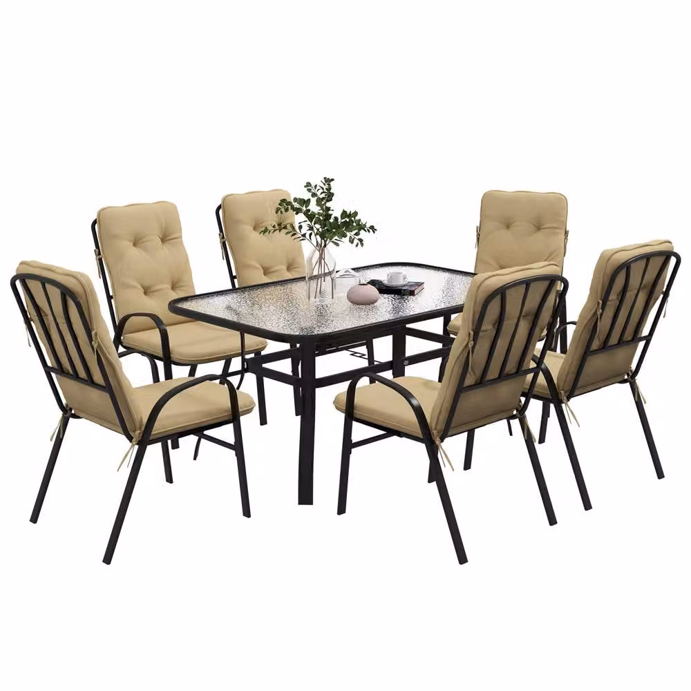 Wyld Haus Seriva 7 Piece 6 Seater Beige Garden Dining Set with Glass Top Table and Cushioned Chairs – 2