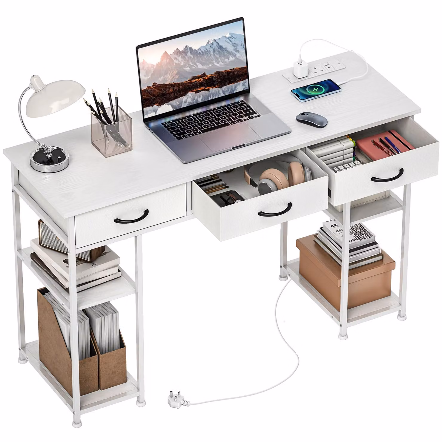 HOMCOM Modern White Computer Writing Desk with Power Outlets, Drawers and Shelves – 2