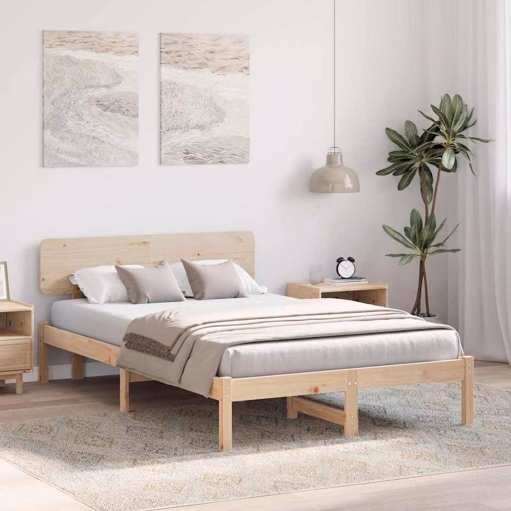 Berkfield Home Solid Pine Wood Bed Frame with Headboard, Beige, W/D/H: 120 x 190 cm – 2