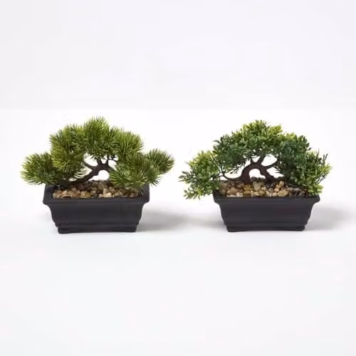Homescapes Set of 2 Artificial Green Bonsai Trees in Decorative Pots, Height: 15 cm