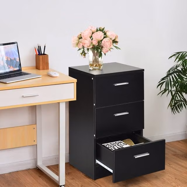 Costway Modern Black Bedside Table with 3 Drawers
