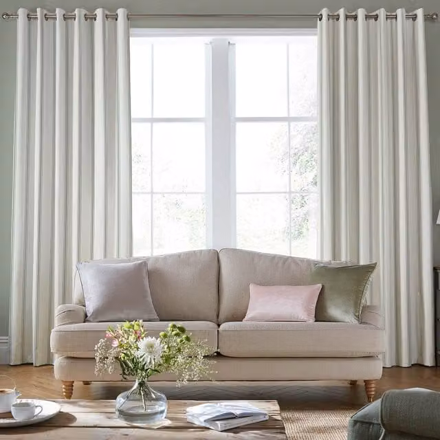 Laura Ashley Farnworth Made To Measure Blackout Cotton Eyelet Curtains in Green Striped Design
