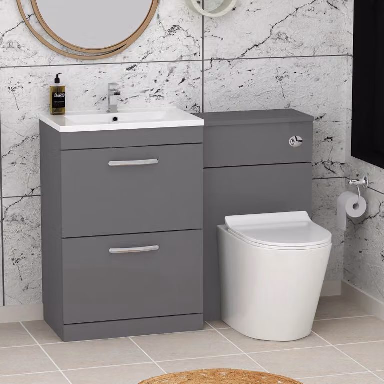 Royal Bathrooms Modern Turin 1100mm Indigo Grey Gloss 2-Drawer Minimalist Basin and Cesar Back to Wall Toilet Pack