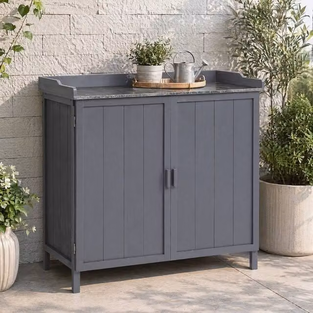 STILVORA Modern Grey Outdoor Storage Cabinet with Galvanised Steel Top and Internal Shelves