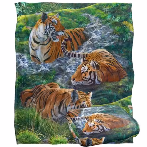JQ Licensing Tigers In Water Silky Touch Super Soft Fleece Throw Blanket, White and Multicolour, W: 152 cm, D: 127 cm – 1
