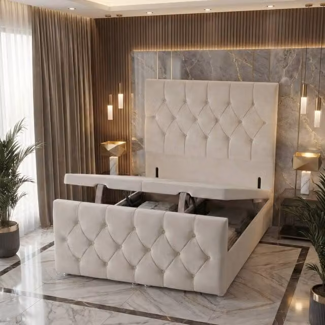 Somnior Ziggy Plush Storage Ottoman Divan Base with 54 inch Headboard and 22 inch Footboard in Ivory, Small Double, W/D/H: 120 x 200 cm