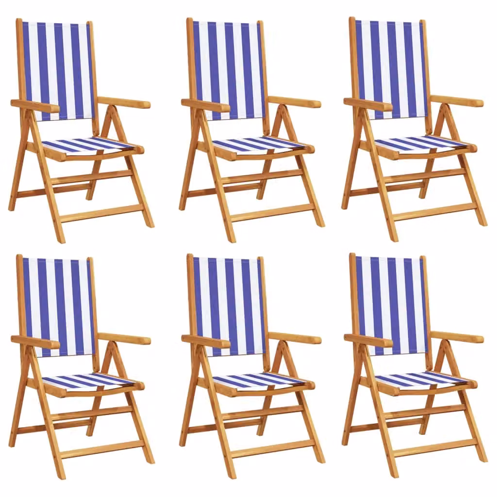 Berkfield Home Set of 6 Reclining Maritime Striped Garden Chairs in Blue and White Acacia Wood – 2