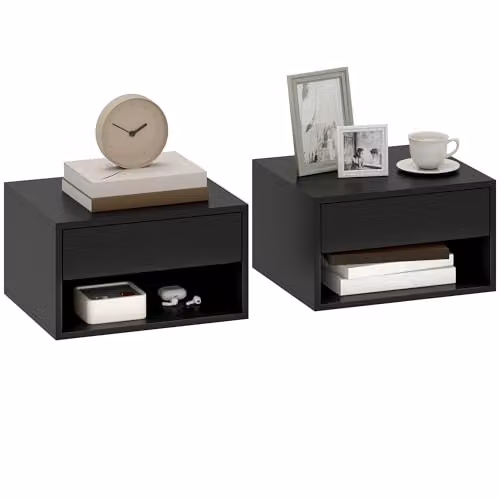 HOMCOM Set of 2 Black Wall Mounted Floating Nightstands with Drawer and Open Shelf