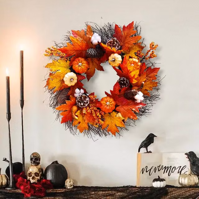 Kidkid Orange Halloween and Autumn Floral Wreath with Pinecones, Berries and Leaves