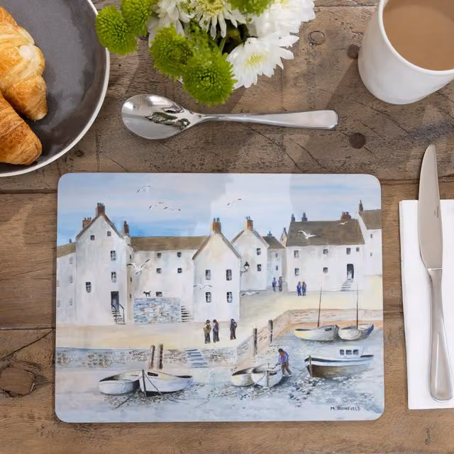 Creative Tops Cornish Harbour Pack of 4 Non-Slip Cork Placemats in Assorted Blue and Multicolour Maritime Design