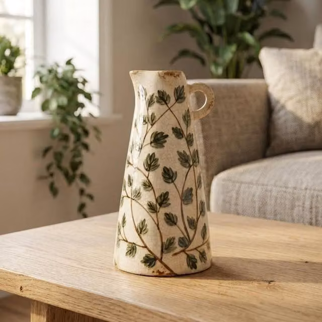 Garden Greatness Botanical Leaf Ceramic Jug in White and Green