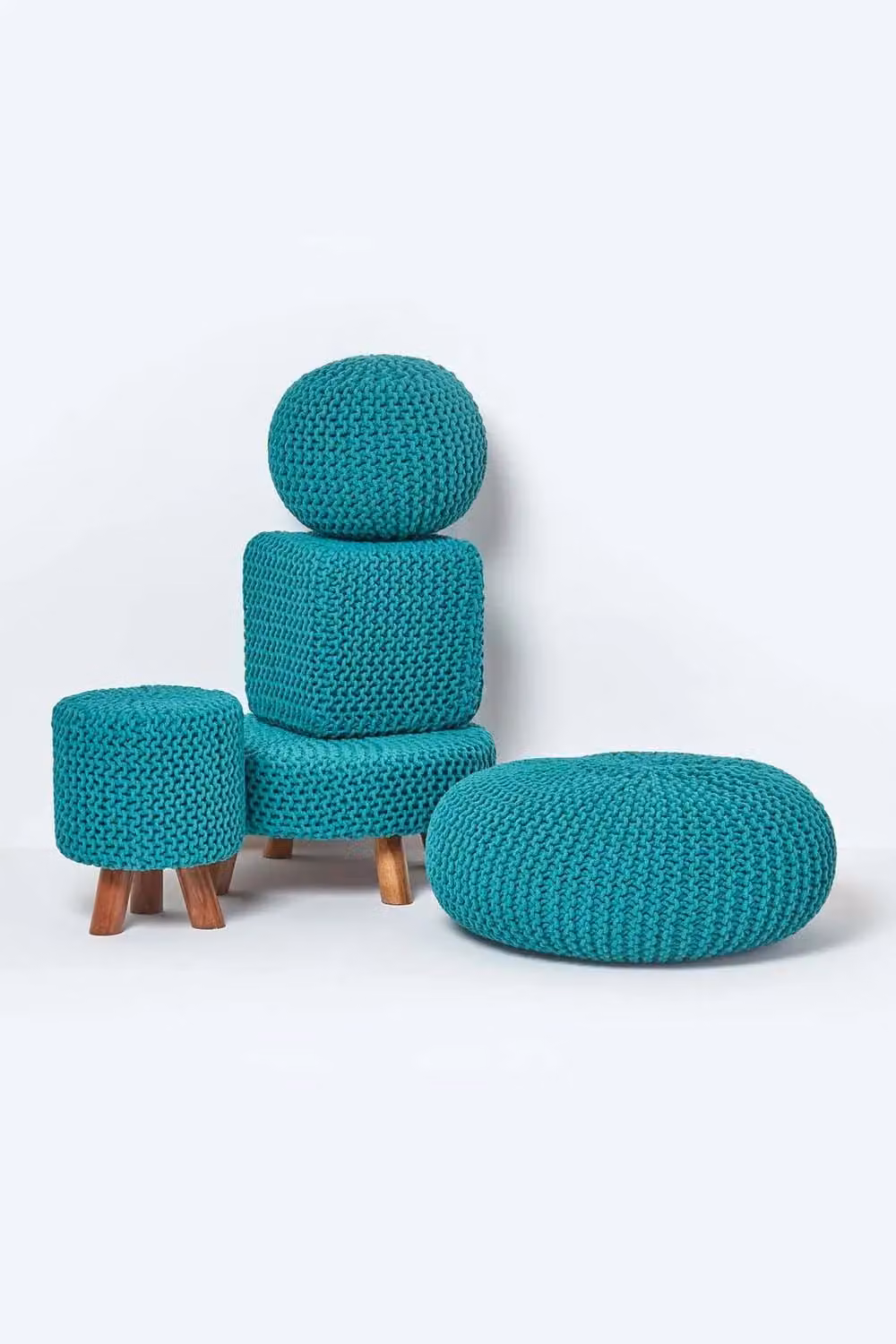 Homescapes Large Round Cotton Knitted Pouffe Footstool in Green and Turquoise – 2