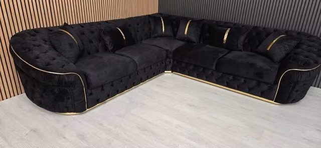 Celebrity Interiors Ambassador Left Facing Corner Sofa in Black Velvet with Gold Accents – 1