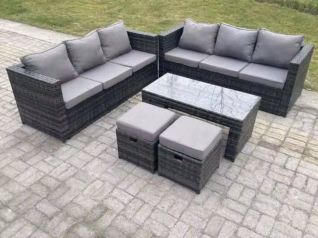 Fimous Outdoor Rattan Garden Furniture Lounge Sofa Set with Coffee Table and 2 Stools in Dark Grey