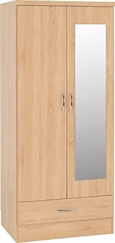 Seconique Nevada Mirrored 2 Door 1 Drawer Wardrobe in Oak Effect, W/D/H: 78 x 52 x 182.5 cm