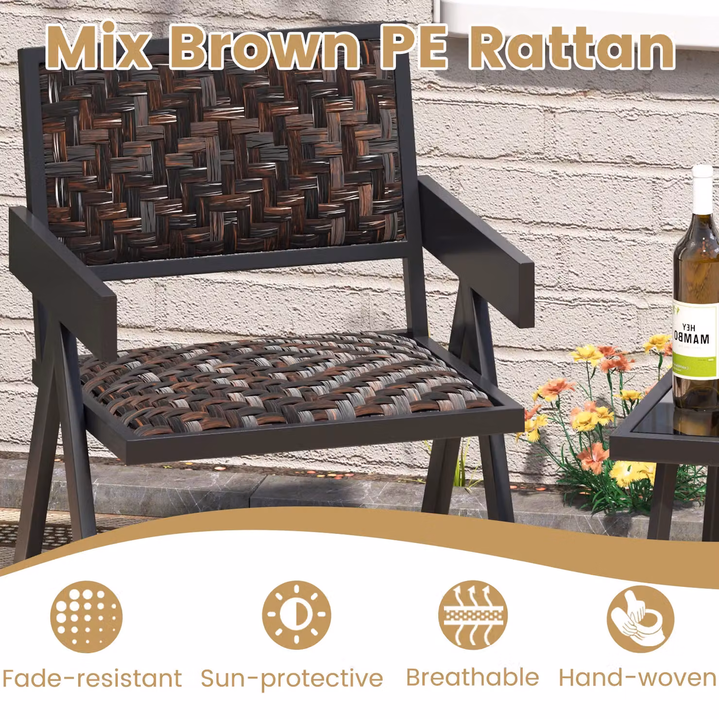 Gymax 3 Piece Brown PE Wicker Bistro Set with Table and Chairs – 4