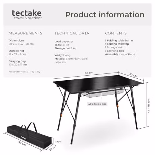 tectake Folding Camping Table, Black, W: 90 cm, D: 52 cm, H: 47-70 cm – 3
