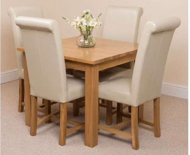 Thats Furniture Oslo Oak Small Square Dining Table and 4 Washington Cream Leather Chairs W/D/H: 90 x 90 x 90 cm