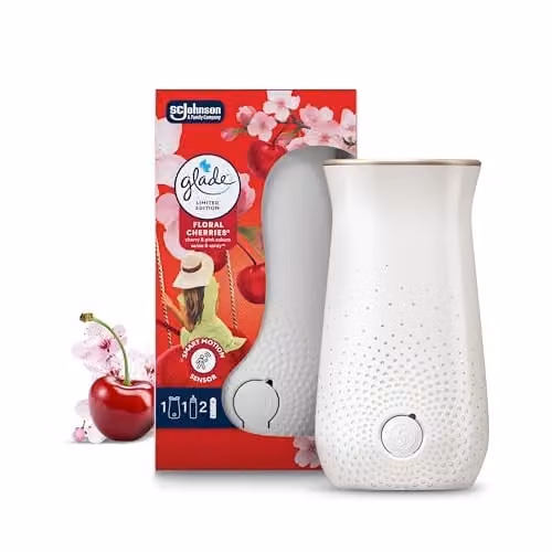Glade Sense and Spray Automatic Air Freshener Holder and Floral Cherries Refill, White, Pack of 1 (1 Holder and 18 ml Refill) – 1