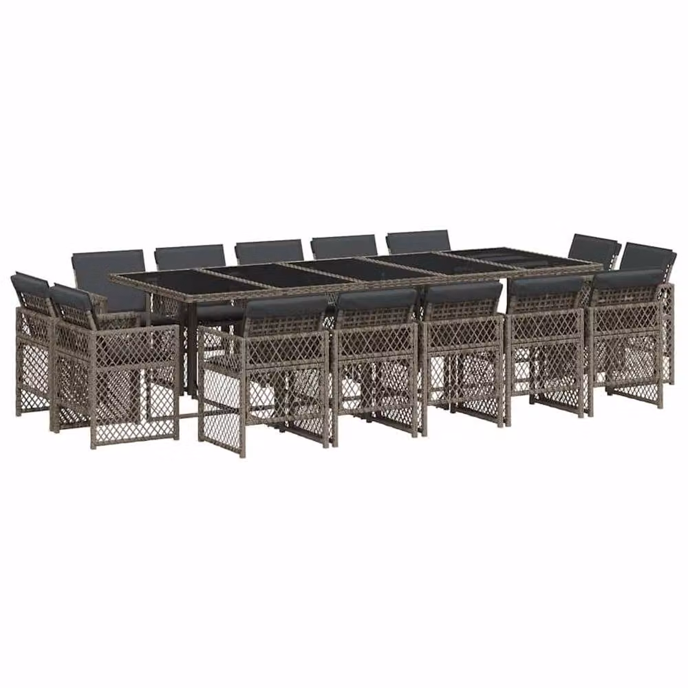 Berkfield Home 15 Piece Grey Poly Rattan Garden Dining Set with Glass Tabletop and Cushions – 2
