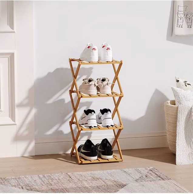 Living and Home 4-Tier Bamboo Folding Shoe Rack in Natural Brown and Beige