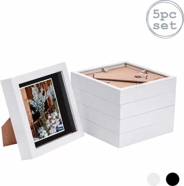 Nicola Spring Pack of 5 Black Square 3D Box Photo Frames with Glass and Plastic Mounts