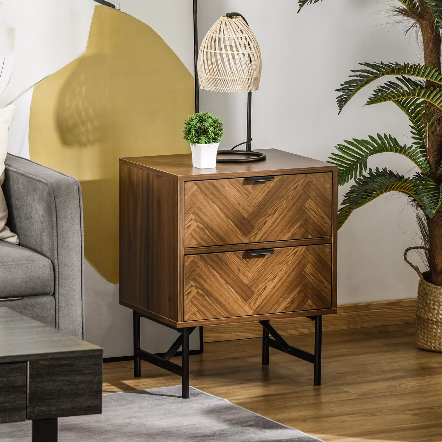 HOMCOM Set of 2 Modern Bedside Tables with 2 Drawers, Herringbone Pattern and Metal Legs, Walnut Brown – 6