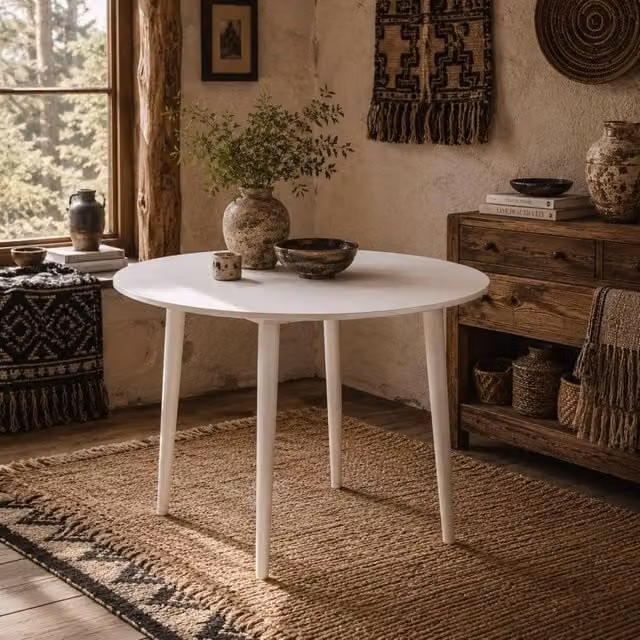Wyld Haus Zinise Round Drop-Leaf Folding Dining Table in White Wood Grain, Seats 4 – 1