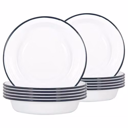 Argon Tableware White and Blue Enamel Steel Deep Bowls, Pack of 12, Diameter: 22.5 cm